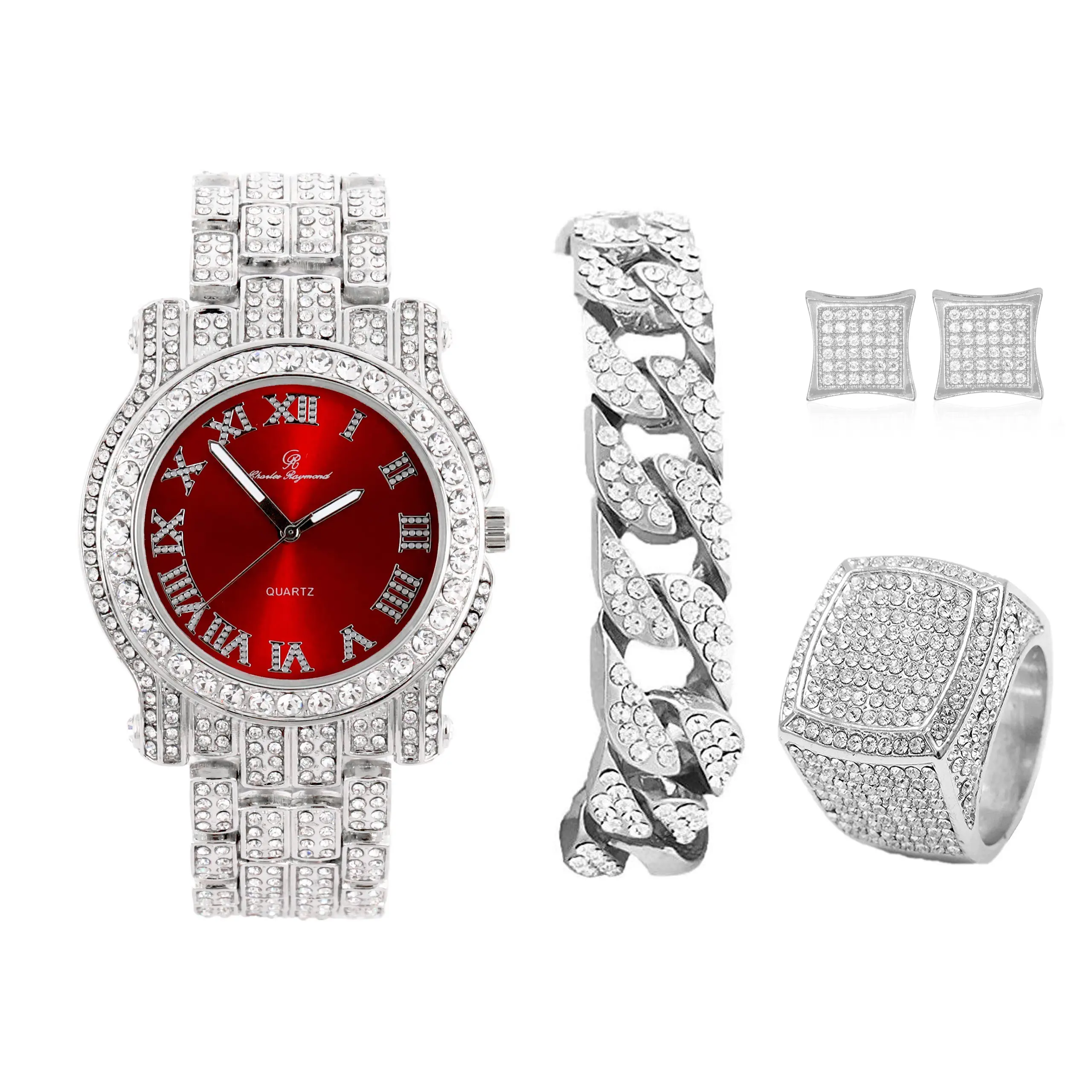 Men's Iced Out Diamond Quartz 4-Pcs Watch Set - L0504 4-Pcs, Metal Case, Rhinestones Accents, Luxury Exquisite Style