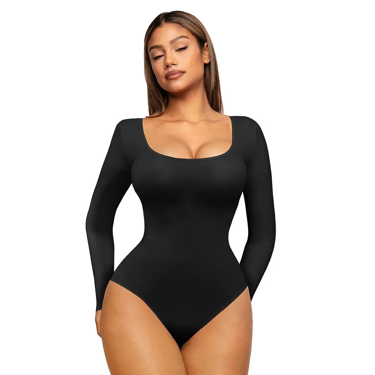 Long Sleeves Deep-U Neck Black
