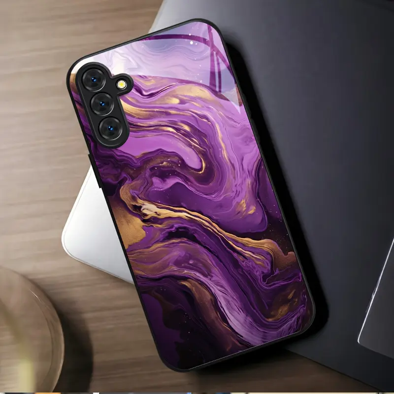 Tempered Glass Screen Protector & Phone Case with Abstract Art Fluid Purple-Golden Design - Multi-Model Accessory for Samsung Galaxy S26,S25,S24,S23,S22 Pro,S21,S20 FE Plus Ultra Pro,A56-A03s Cellphones