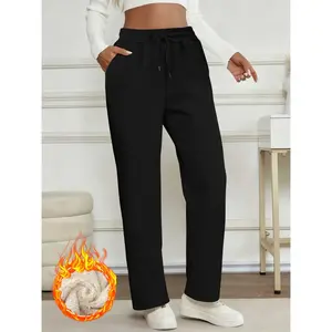 Women's Fleece Lined Straight Leg Pants, Warm Lamb Wool Inner Liner, Casual Long Pants for Fall & Winter, Drawstring Waist, Natural Waist