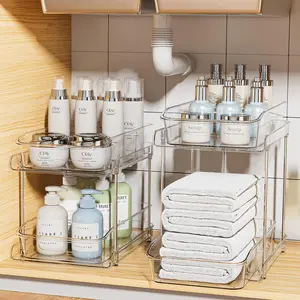 2 Sets of 2-Tier Clear Under Sink Organizers and Storage, Multi-Purpose Stackable Bathroom Cabinet organizers, Pull Out Kitchen Pantry Organization and Storage with Dividers