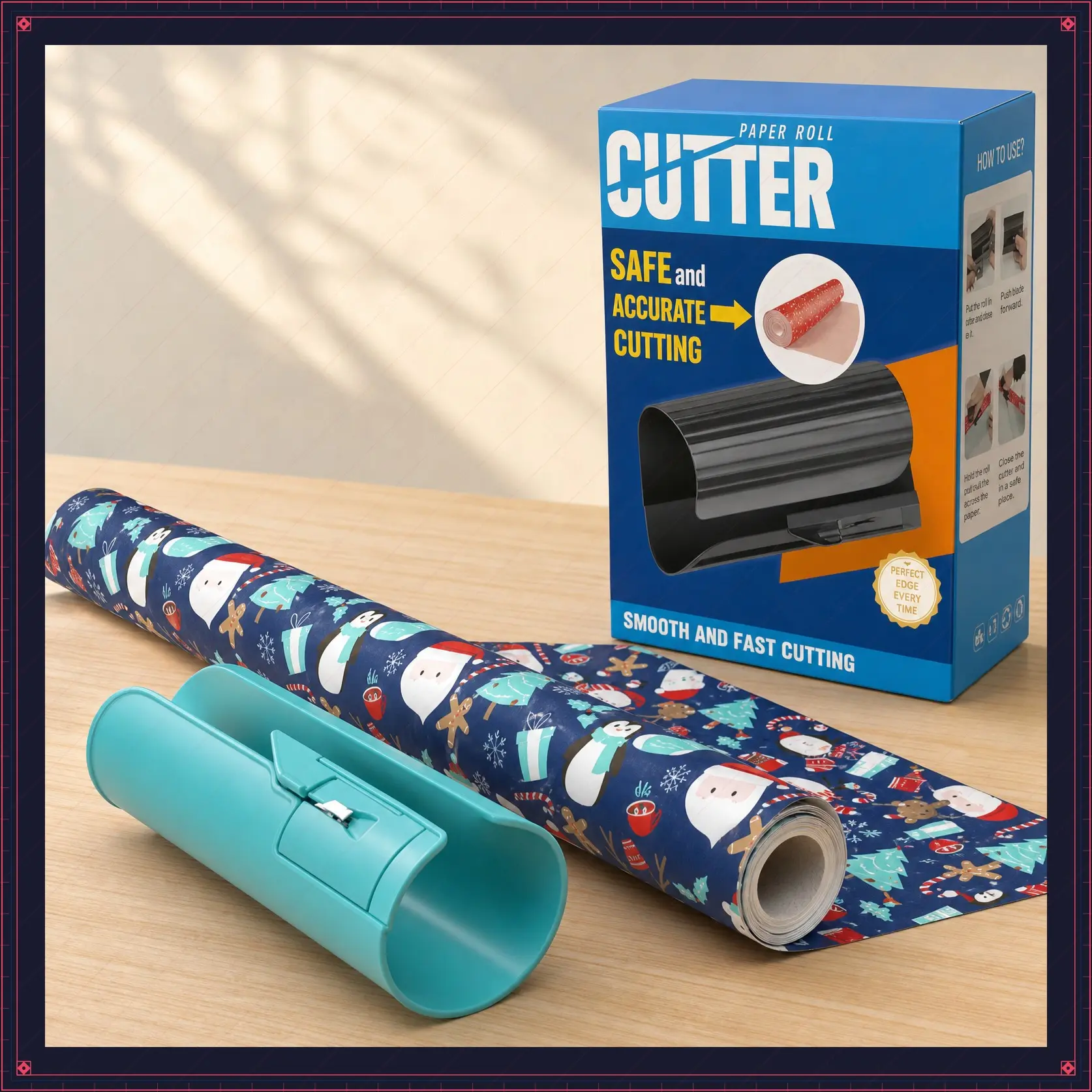Christmas Wrapping Paper Cutter and Slider Tool Set – Ideal for Holiday Gift Packing, Crafting, and Birthday Wrap Rolls – Includes 2 Replacement Blades (Blue) for Effortless Festive Wrapping