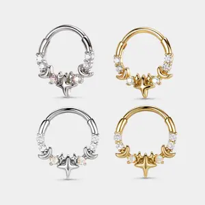 OUFER  16G 316L Stainless Steel Septum Clicker - CZ Celestial Stars Moon Hinged Segment Hoop with Clicker Mechanism, Cosmic Glow Nose Ring for Nose & Daith Piercings, 8mm/10mm Inner Diameter, Silver & Gold