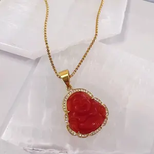 CRYSTAL RED BUDDHA GOLD STEEL necklace