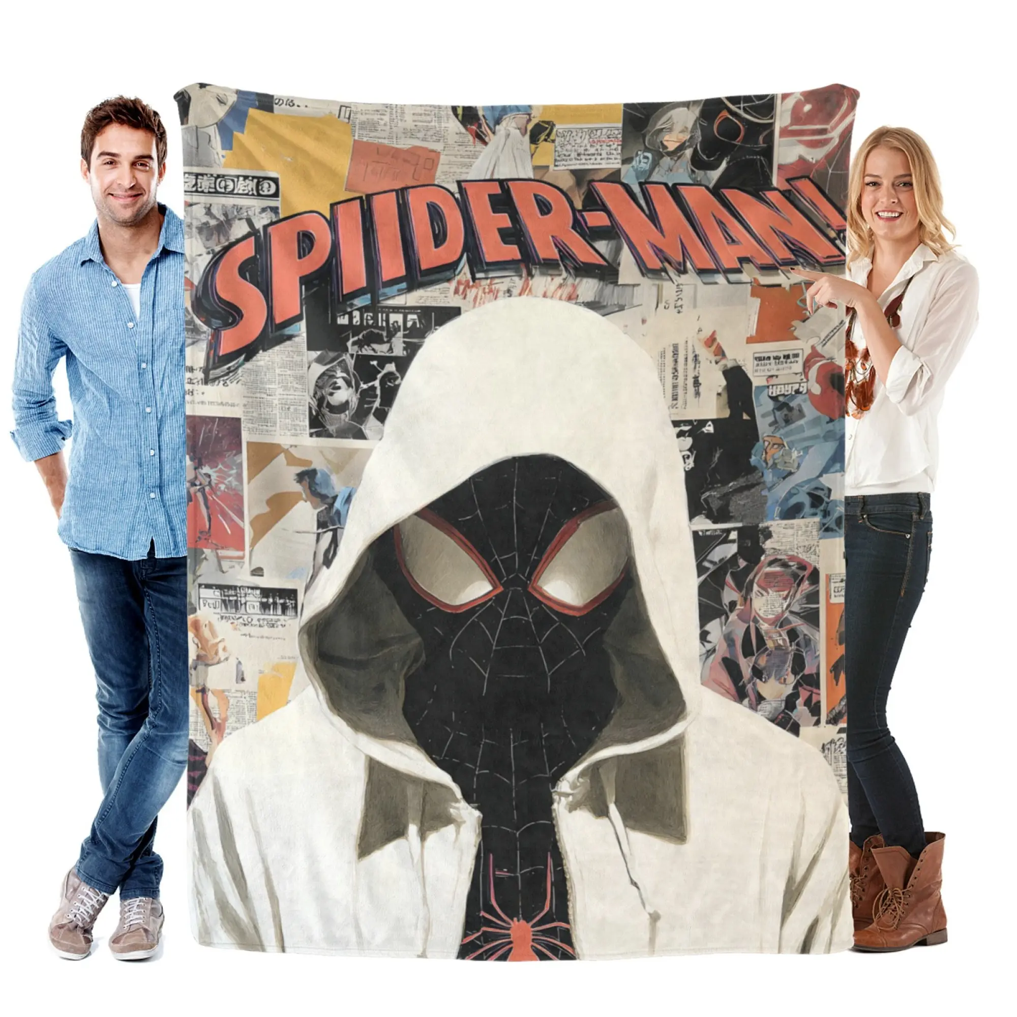 [SummerVibes] MARVEL CLASSIC Spider-Man Comic Collage Soft Flannel Blanket, 2D Print White Hooded Hero Cozy Throw for Home Bedroom Decor, Couch, Office Nap & Fans