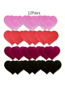 12 Pairs Disposable Nipple Covers, Cute Heart-Shaped Adhesive Bra Pasties, Medium Support, Fitted, Plain Pattern, Unlined Fabric, Underwear