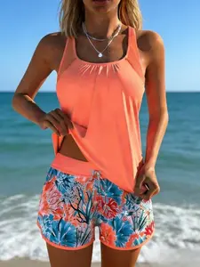 Women's Plants Print V Neck Swimdress & Tankini Set, Casual Sleeveless Swim Dress & Swim Top Two-piece Swimsuit, Tummy Control，Tropical Print，Floral Print Swimsuits for Beach Holiday Vacation, Ladies Swimwear for All Seasons