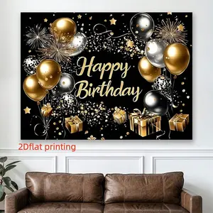 2D Flat Birthday Decoration, 1 Pack Black Gold Balloon Birthday Banner Black Gold Glitter Star Gift Box Birthday Party Decoration Background Cloth Adult Ceremony Birthday Banquet Photos, Courtyard Garden Holiday Celebration Party Background
