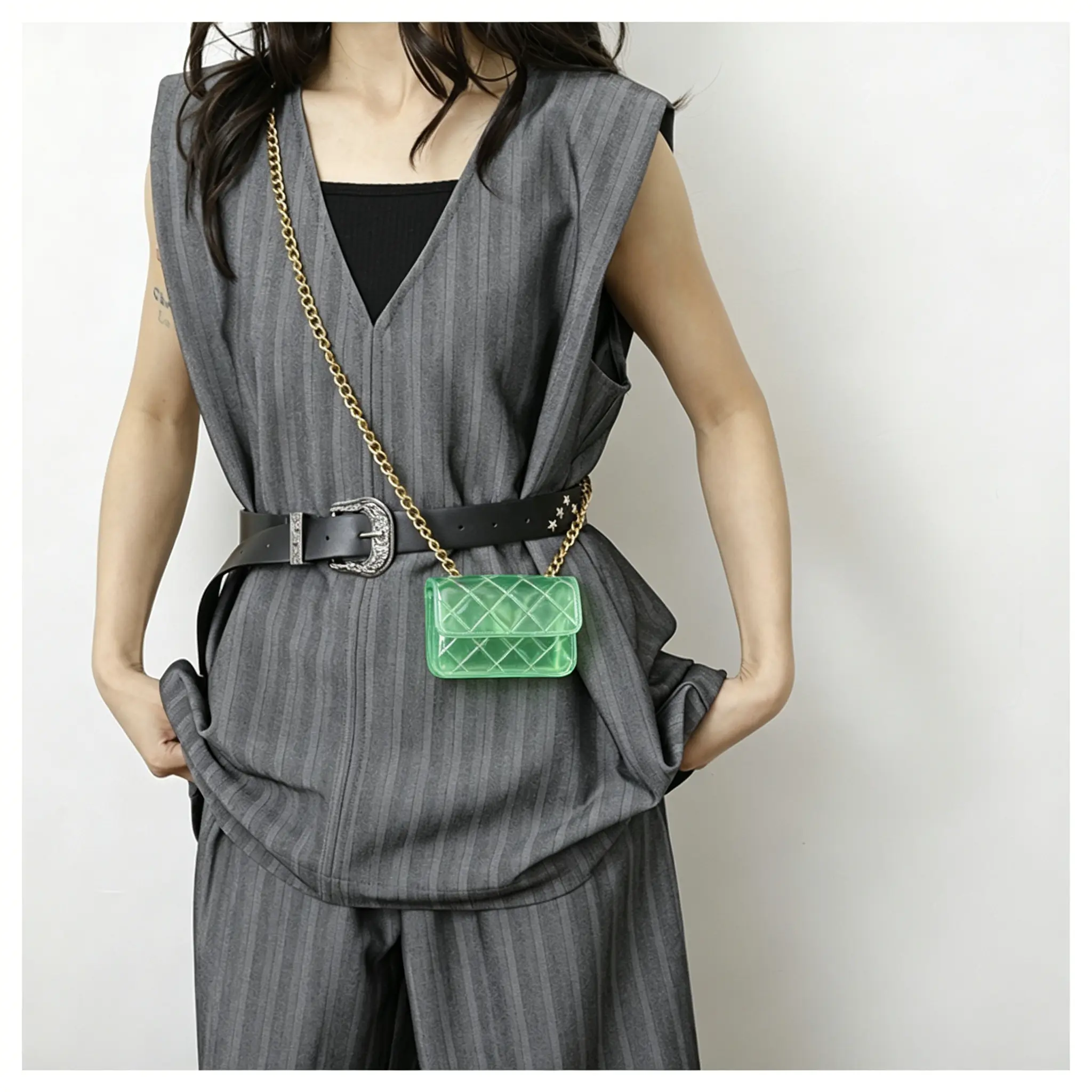 Green Quilted Crossbody Bag with Chain Strap and Buckle Closure for Women's Fashion