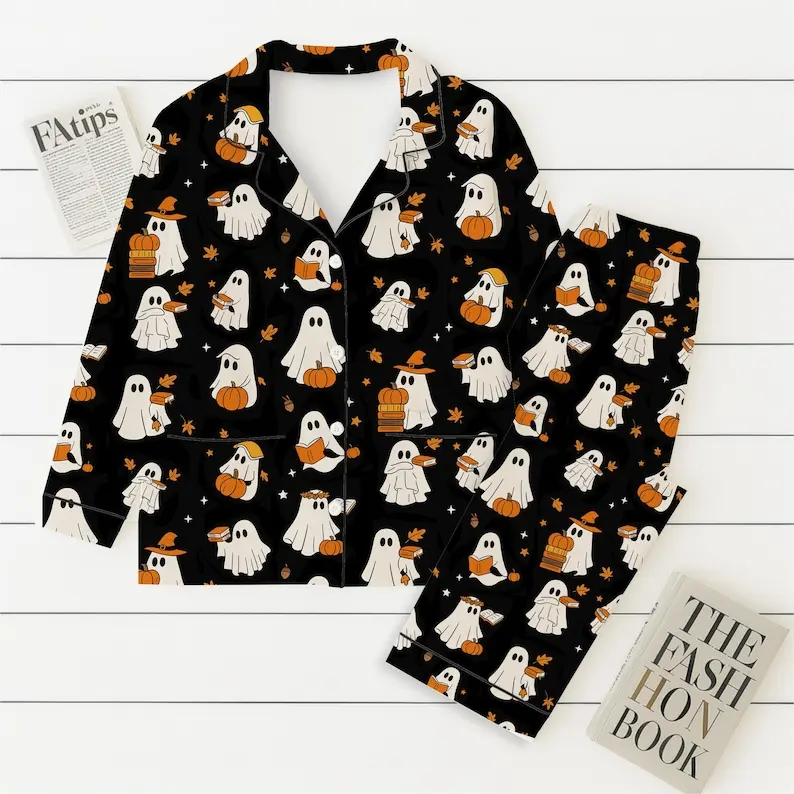 Halloween Ghost Pajamas Set, Cute Boo with Book Nightwear, Pumpkin Fall Sleepwear, Spooky Season Gift, Halloween Gift- no pocket