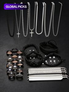 men's fashion jewelry set, casual trendy cross charm necklace & braided bracelet & earrings & rings & chain bracelet, hip hop fashion jewelry accessories set for party & daily decor, couples gifts, men's accessories