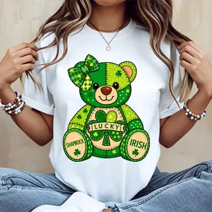 Green Bear With Shamrock And Lucky Irish Text Print T Shirt White Casual Round Neck Short Sleeve Tee For St Patrick's Day Celebration