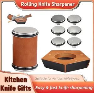 Rolling Knife Sharpener Fixed Angle - Wooden Knife Sharpening Tool with Diamond Rod for Kitchen Knives, BBQ Prep & Camping, No Skill Required