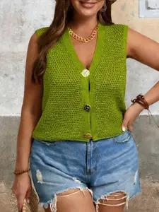 Women's V-Neck Pure Color Knitted Sweater Vest, Metal Button Hollow Out Design, Breathable, Summer Beach Vacation Style, Sexy Minimalist Fashion