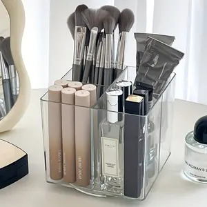 Transparent Plastic Cosmetic Storage Box, Rotating Makeup Brush Holder, Multi-Functional Desktop Organizer, Desk Drawer Organiser