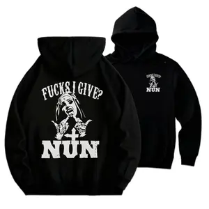 Black Hoodie with FUCKS I GIVE? NUN Graphic and Religious Sister Design, Casual Streetwear for Men and Women