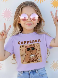 1pc [Capybara Print Girls' T-Shirt] Vibrant Pink Funny Graphic Tee Girls' Summer Short Sleeve T-Shirt - Capybara Cartoon Print with Fashion Glasses & Milk Tea, Soft Stretchy Fabric, Round Neck, Casual Top, Perfect for Casual Attire