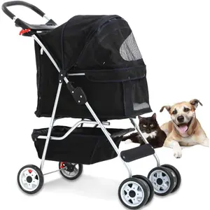 4 Wheel Pet Stroller For Cat,Dog Cage Stroller Travel Folding Carrier with Cup Holder and Removable Lining For Small and Medium Dogs,Cats (Black)