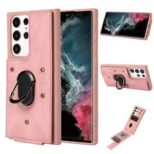 S23 Ultra Ring Stand Wallet Case - Pink PU Leather