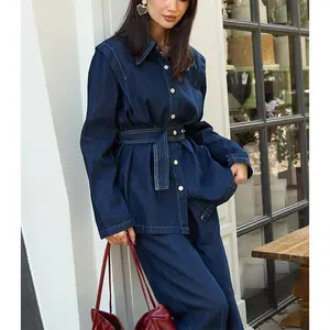 Washed Denim Suit 2025 Spring Women Belt Single-Breasted Turn-Down Collar Long Sleeve Loose Jacket High-Waisted Long Pants