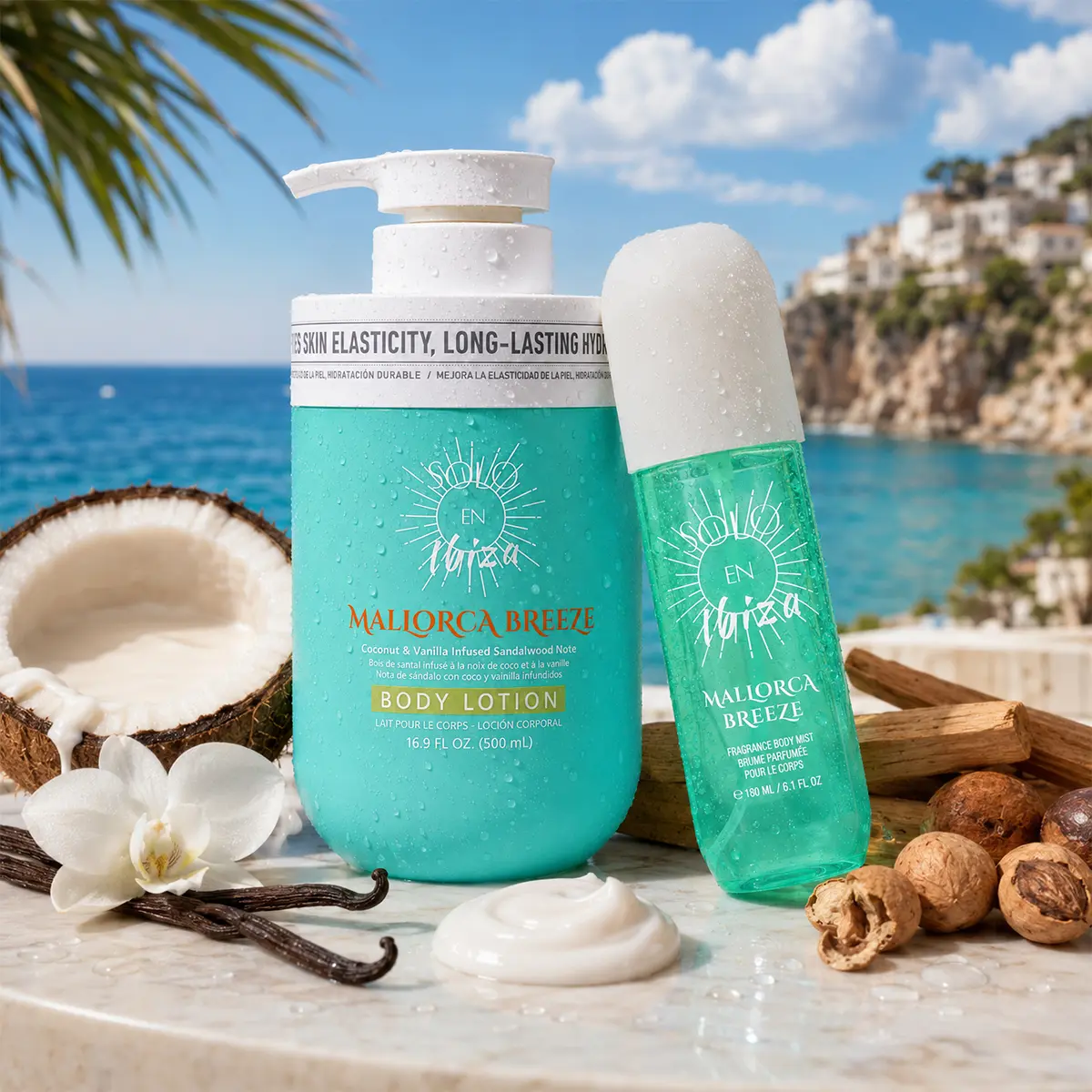 SOLO EN IBIZA Mallorca Breeze Coconut Vanilla Scented Body Care Duo - 6.1 fl oz (180ml) Fragrance Mist, 16.9 fl oz (500ml) Body Lotion, Daily Long-Lasting Fruity Gourmand Aroma Set