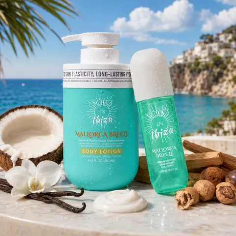 SOLO EN IBIZA Mallorca Breeze 2-Piece Bath & Body Layering Set, 6.1 fl oz (180ml) Fragrance Mist + 16.9 fl oz (500ml) Body Lotion or Body Wash, Tropical Gourmand Scent with Coconut Cream, Warm Vanilla & Toasted Praline, 2 Set Options