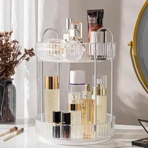 2-Tier 360° Rotating Makeup Organizer, Transparent Large Capacity Skincare Lipstick Perfume Storage Rack for Vanity Bathroom