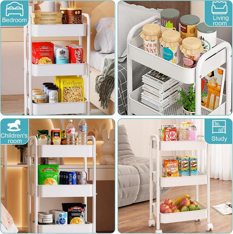 3-Tier Rolling Metal Utility Cart with 6 Hooks and Handle, Storage Cart on Wheels for Classroom, Office, Dorm, and Home – White/Pink