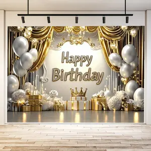 1 piece of luxury birthday party decoration banner - white background with gold "Happy Birthday", gorgeous golden arches, crystal lights, silver balloons, gift box, golden crown and golden candlestick for a royal celebration First Birthday
