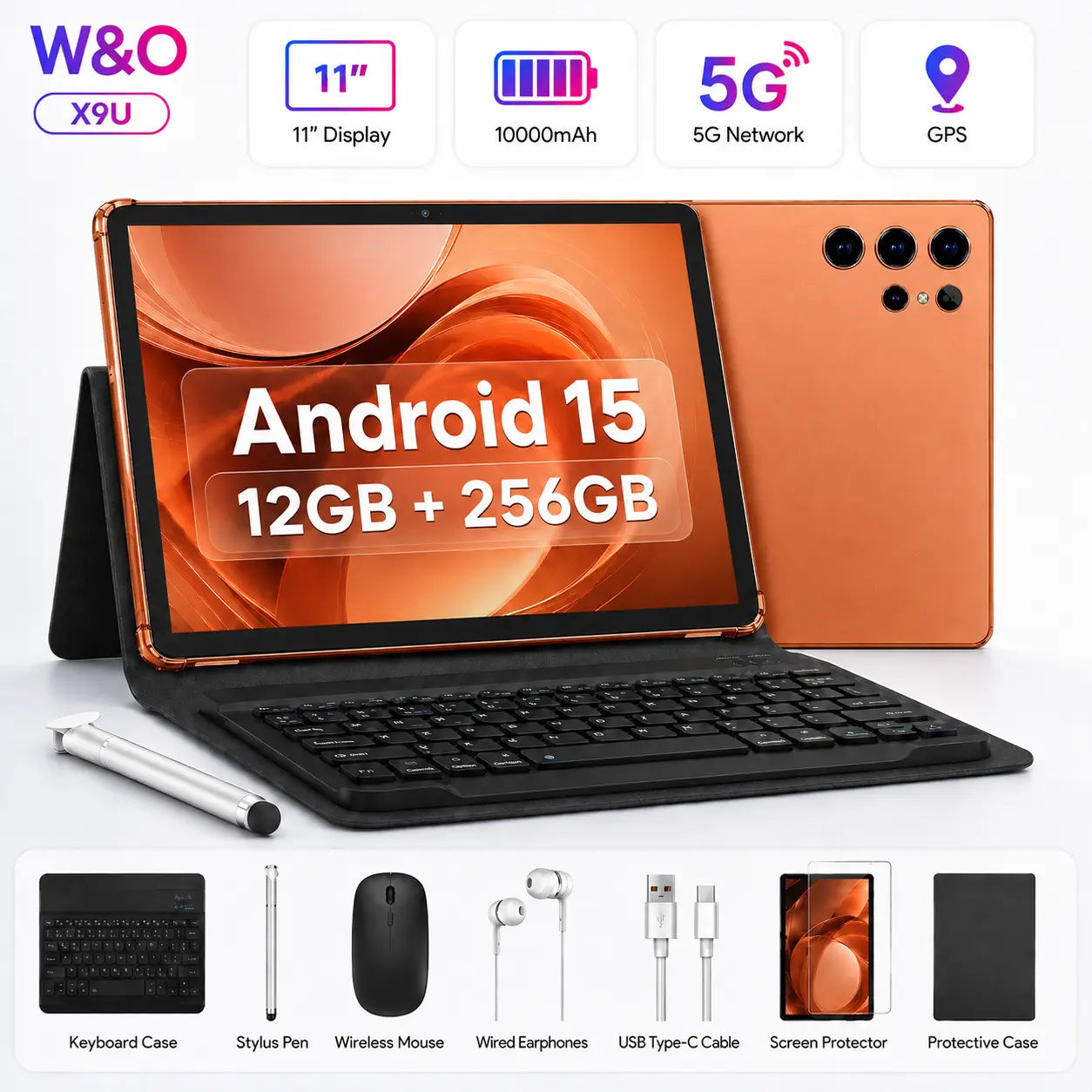 W&O 2026 Touchscreen Android 15 Tablet - 11" High-Resolution Display, 12GB RAM+256GB Storage, 10000mAh Battery, 5G WiFi, GPS, Portable Tablet with Keyboard, Mouse, Case & Stylus, Ideal for School, Work & Streaming
