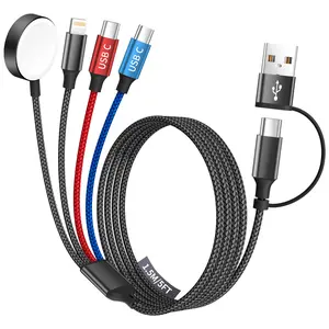 2Pack 4-in-1 Fast Charging Cable, USB-A & USB-C Multi Charger Cord with Apple Watch Charger, Nylon Braided Data Sync Cable for iPhone, Android, Travel