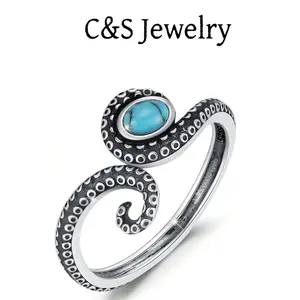 S925 sterling silver  Adjustable ring with turquoise inlaid octopus claws, personalized ocean suction cup, women's unique ring gift
