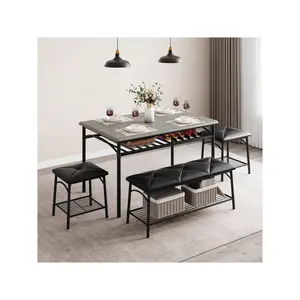 Dining Table With Benches-Upholstered Bench And 2 Square Stools, Wood And Metal Dining Table Set For 4 With Storage For Small Space,Living Room,Kitchen,Apartment (Retro Brown/Grey/Black)