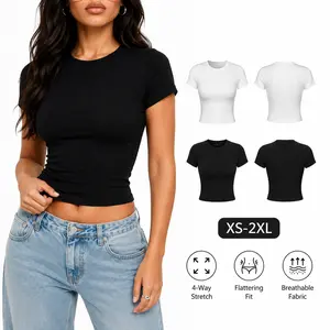 Women's Minimalist Short-Sleeve Crew Neck Slim-Fit Highly Elastic Cropped T-Shirt - Sexy Streetwear Lady Top for Everyday Wear, Women's Clothes Shortsleeve Round Neck Piece, Tops For Women