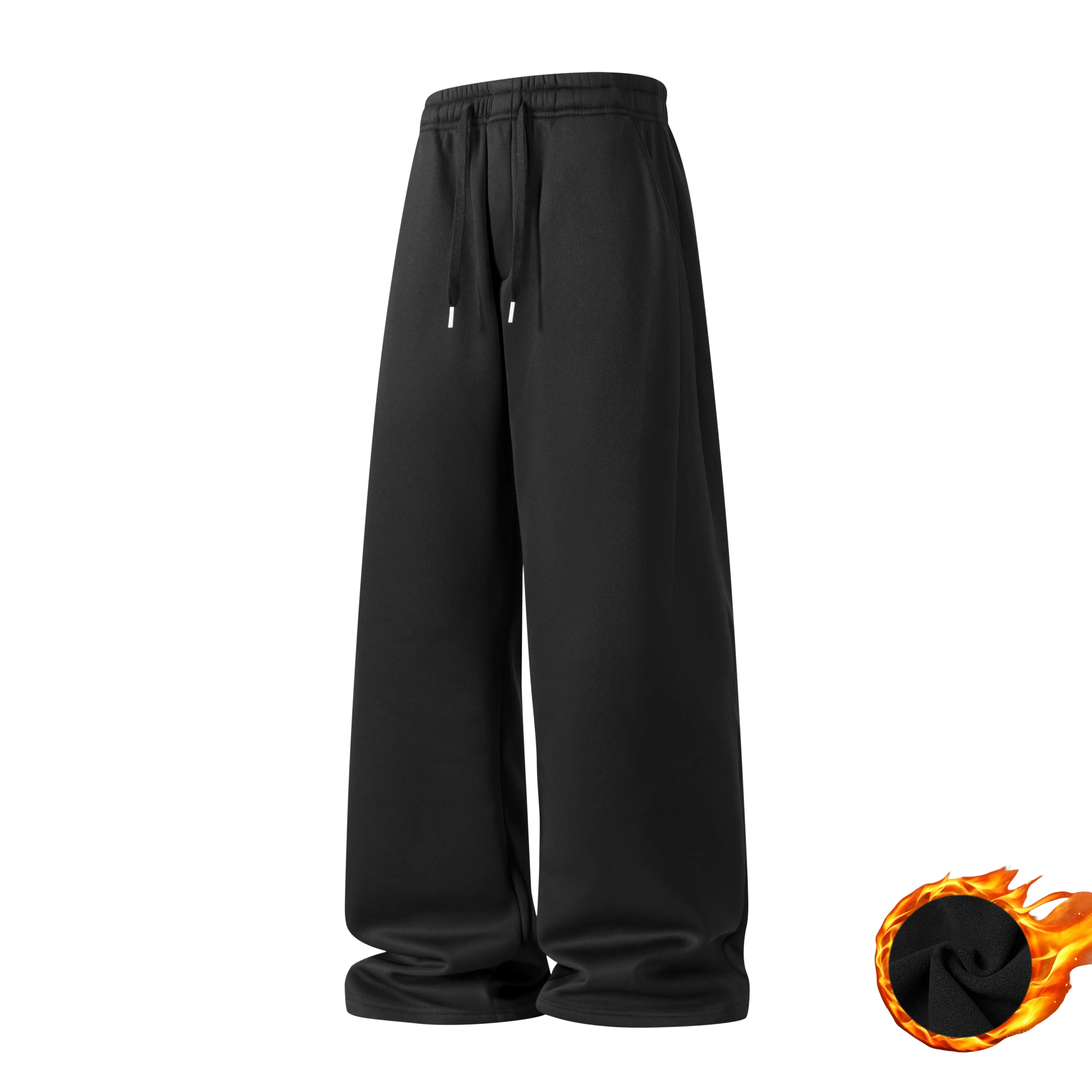 Men's Sweatpants, Wide-Leg Relaxed Fit Fleece-Lined Athletic Trousers, Thickened Polyester with Drawstring Waist for Autumn Winter, Athletic Wear, Male