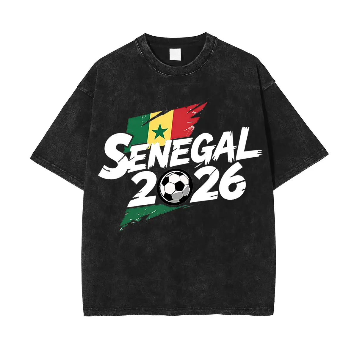 Men's Black Vintage Washed 2026 Senegal Soccer Tee - Oversized, Short-Sleeve Shirt with Lightning Flag Graphic