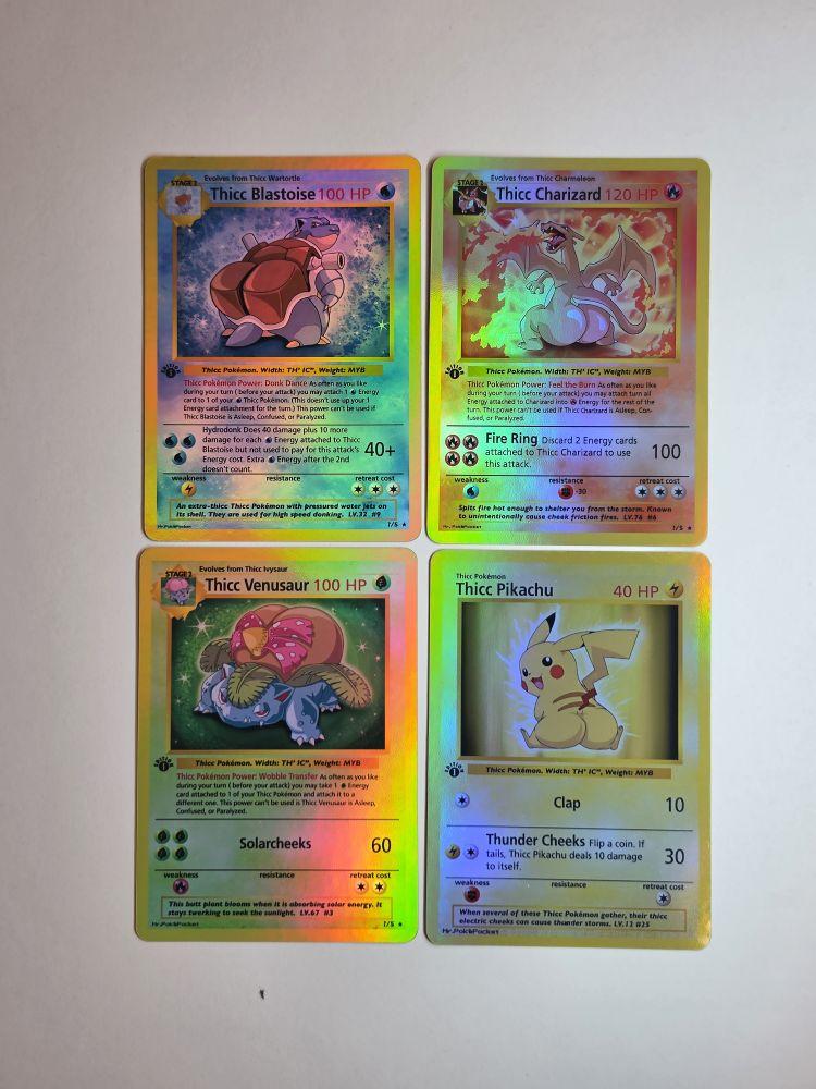 Thicc Kanto Bundle: Charizard, Blastoise, Venusaur, Pikachu - 4 Card Set - Rainbow Holo Finish - NEW: THICC EEEVEELUTION Bundle Custom Pokemon Proxy Cards - Ships Free