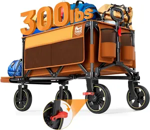 49" Extra Long Collapsible Folding Wagon with Tailgate and Brakes, 300lbs Heavy Duty Foldable Wagon with Adjustable Handle, 250L Capacity Portable Cart for Outdoor Camping Sports, Orange