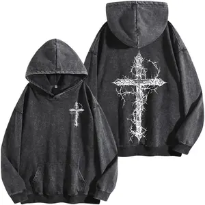 Thorn Cross Gothic Cross Washed Hoodie Biblical Cross Art Tee Jesus Tshirt , Cross Tee, Christian Apparel Streetwear Menswear Oversized Top Men and Women Bible Verse Church Outfit Gym Pump Cover