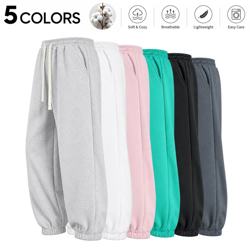 Unisex drawstring jogger sweatpants, available in multiple colors, made from soft, skin-friendly, breathable cotton fabric. Loose-fit athletic long pants with an elastic waistband and drawstring design—easy to care for and wash, versatile for everyday wor
