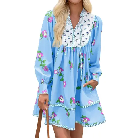 Imily Bela Womens Casual Floral Mini Dress 2025 Fall Long Sleeve V Neck Patchwork Loose Boho Shirt Dresses