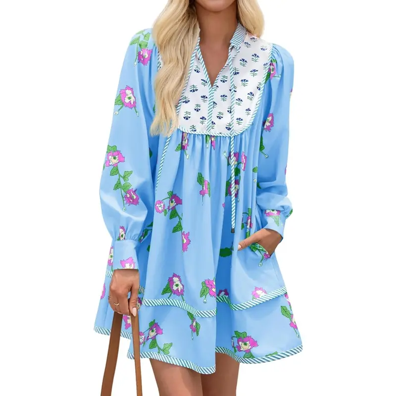 Imily Bela Womens Casual Floral Mini Dress 2025 Fall Long Sleeve V Neck Patchwork Loose Boho Shirt Dresses