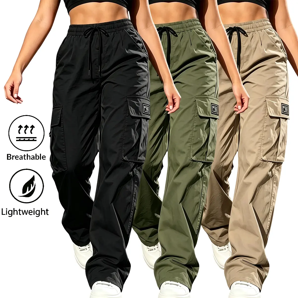 Women's 3-Pack Lightweight Breathable Bottoms - Polyester Preppy Pants with Elastic Mid Waist, Adjustable Drawstring, Large Cargo Pockets - All Season for Outdoor Sports, Everyday Casual Wear, Cargo Pants, Minimalist