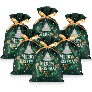 Christmas Drawstring  Bags, Fabric   Wrap Bags Set of 6, Cloth  Bags with Ribbon Drawstring for Christmas Gifts, 12" L x 18" H