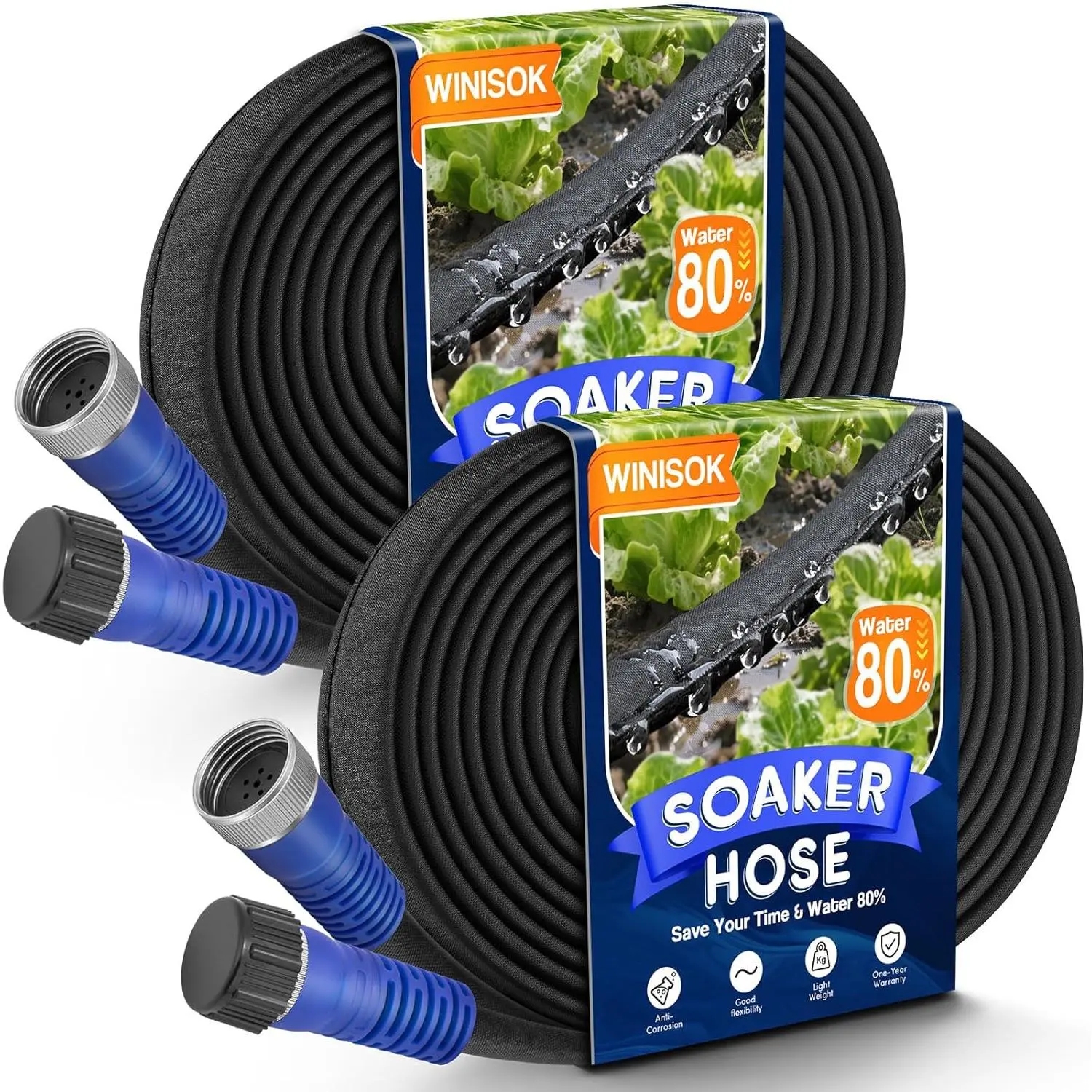 Gardener’s 2-Pack 50FT Thick PVC Flat Soaker Hoses (100FT Total), Leakproof Drip Irrigation Tubing, Outdoor Watering Tool, Easy Operation, Efficient Watering, 80% Water Savings