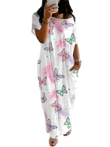 Women's Butterfly and Star Print Pocket Round Neck Nightdress - Casual Soft Short Sleeve Gown for All Seasons Loungewear