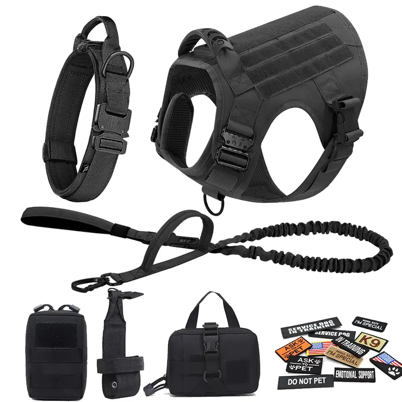 Tactical Dog Harness Set, Heavy Duty Harness, Easy Control Training Dog Collar, Bungee Dog Leash, 2 pouches and 12 patches #backtoschool Dog Vest with Handle, No-Pull Service Military Dog Harness for Training Hunting Walking
