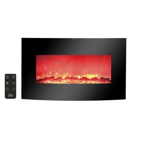 Electric Fireplace Heater Stove with Tempered Glass Curved Screen 3D Flame Effect Wall Mounted & Free Standing Adjustable Brightness Remote Control Energy Efficient
