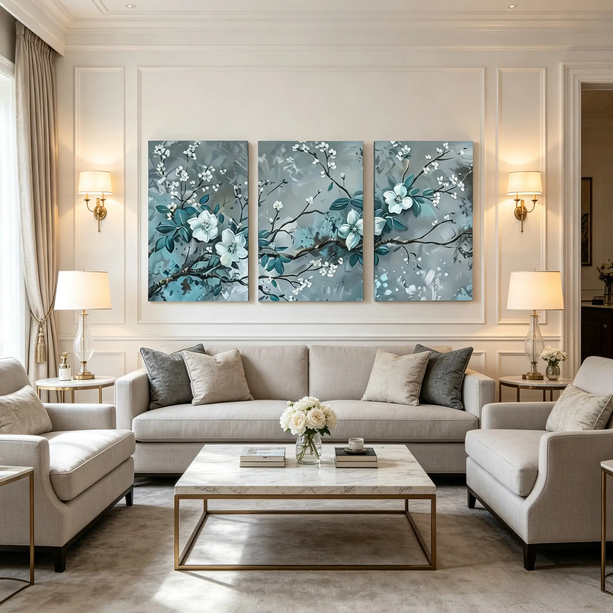 3Pcs Artistic Wood-Framed Canvas Wall Art - 2D High-Definition Flat Teal Floral Triptych Prints, Pre-Hung Hanging Mountable Decor, Juneteenth Gift Idea for Living Room, Bedroom (Plaid & Houndstooth Accents)