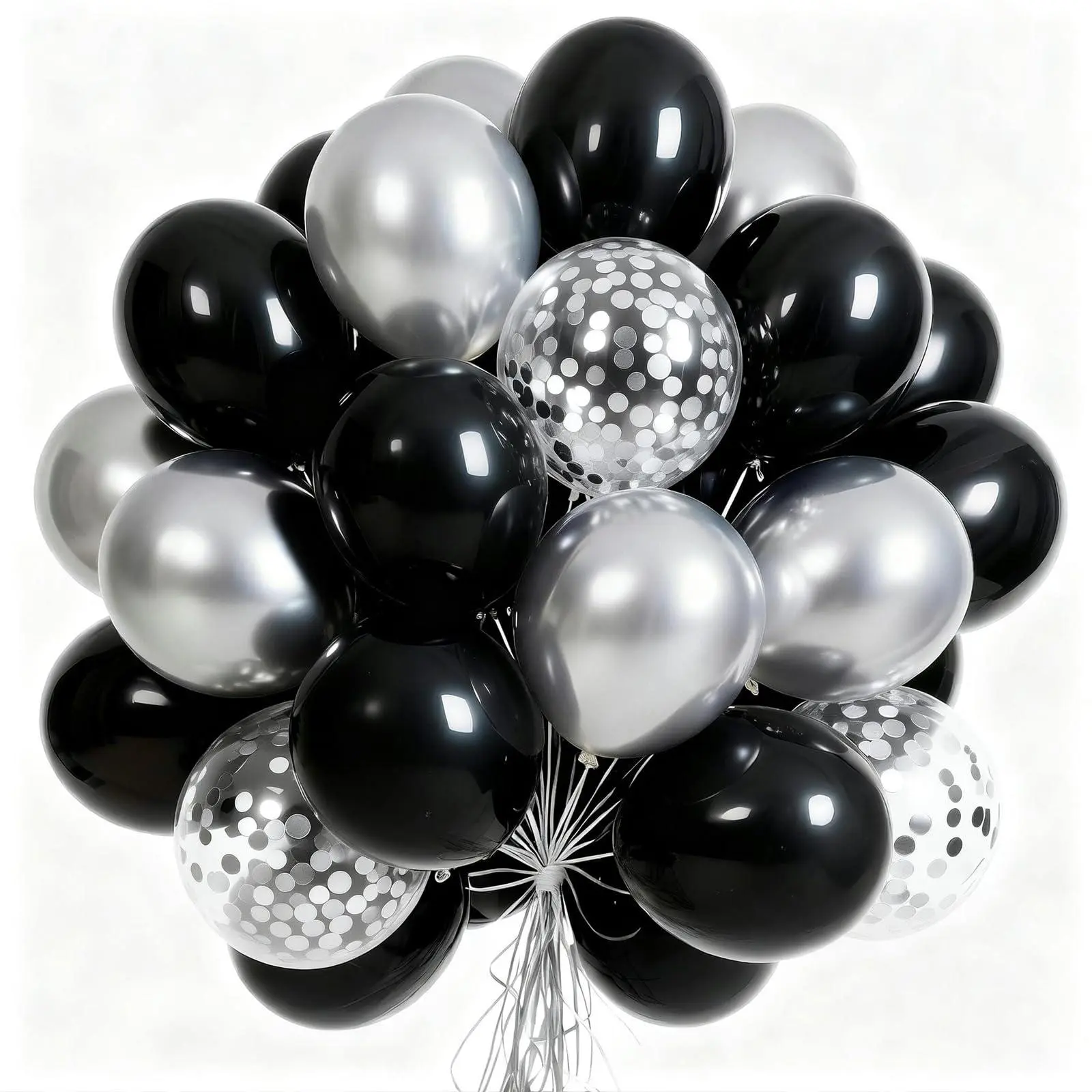 PartyWoo Thick Latex Balloons Set, 66 Pcs 12 in Round Black & Metallic Chrome Silver - 35+25+5 Mix, DEHP-Free, Arch Setup Compatible, Full Longer Floating for Graduation, Men's Birthday Decor
